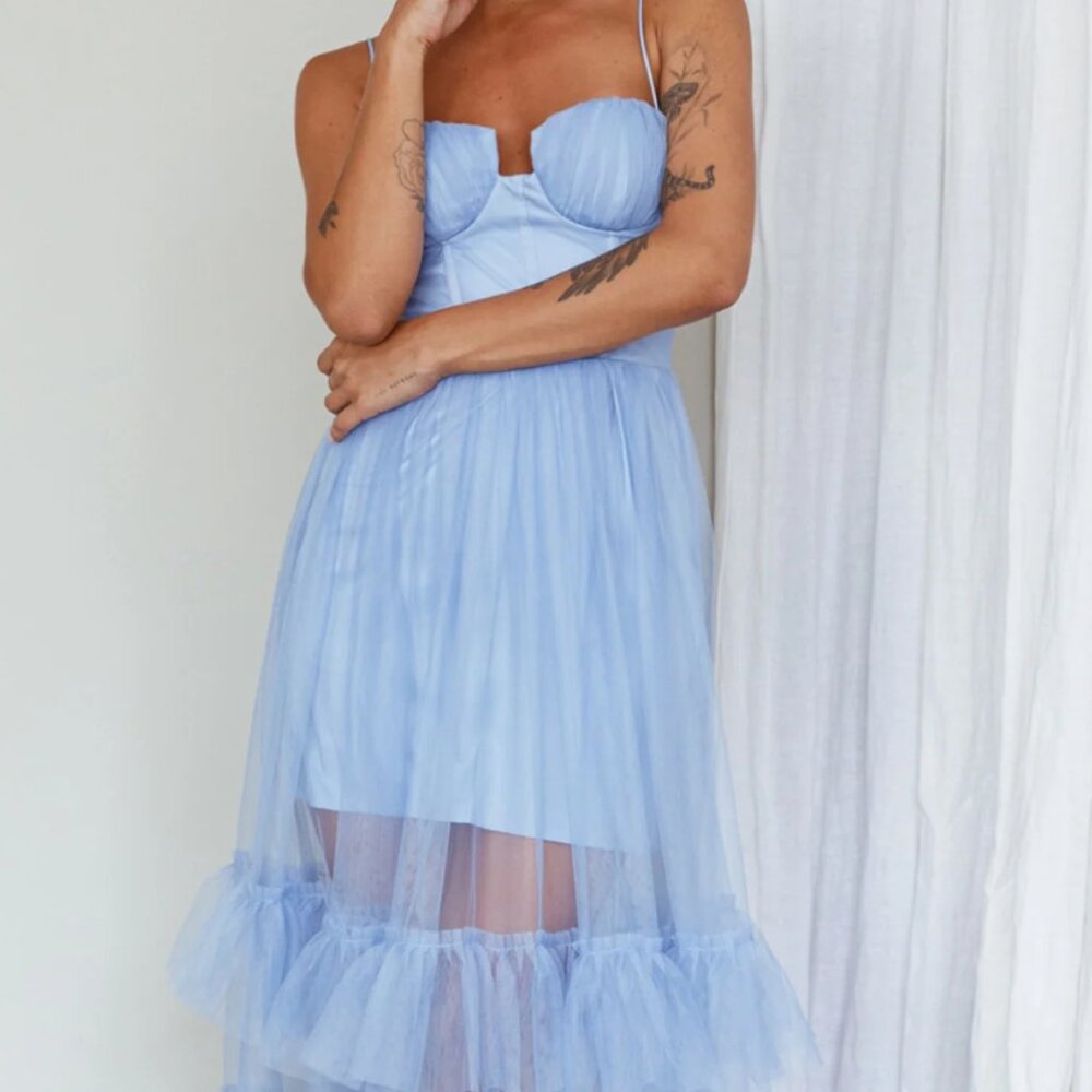 Angel Biba Moonlight Sonata Ruffle Mesh Maxi Dress Sky Blue Size Medium